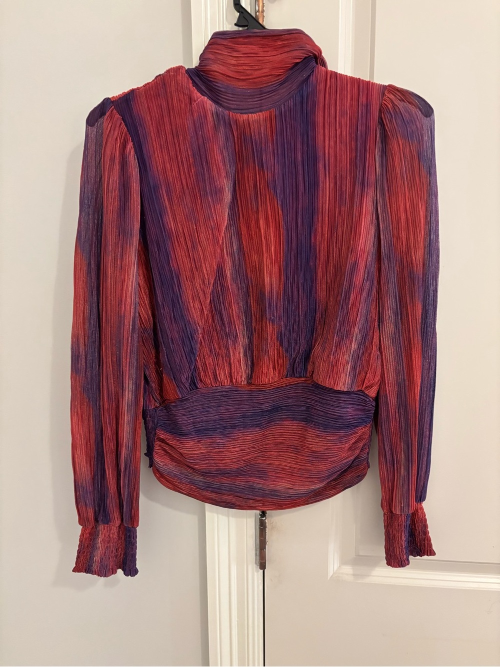 Pleated Mock-Neck Long-Sleeve Top in Red & Purple